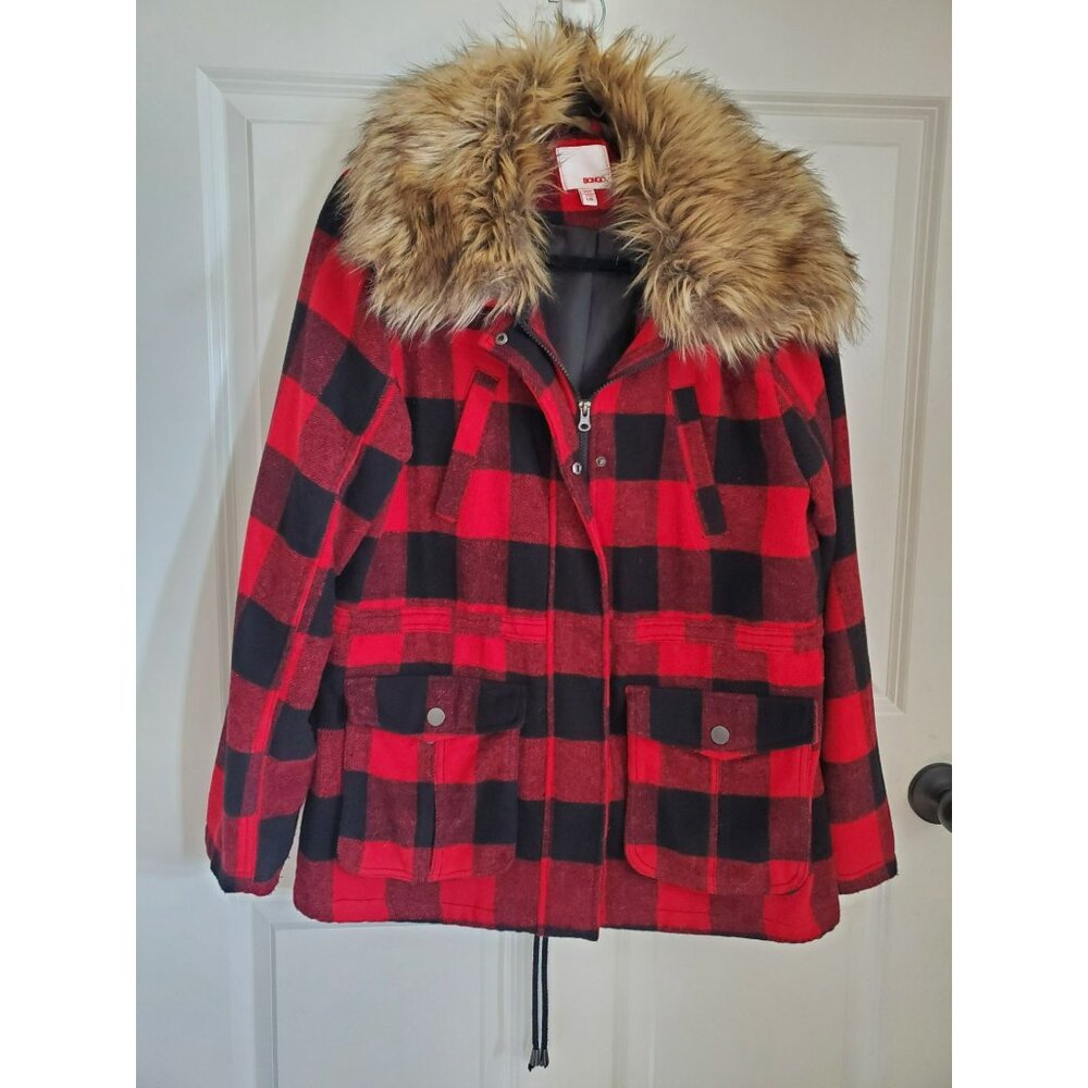 Bongo Jacket Women's Large Red and Black Flannel plaid fake fur coat jacket